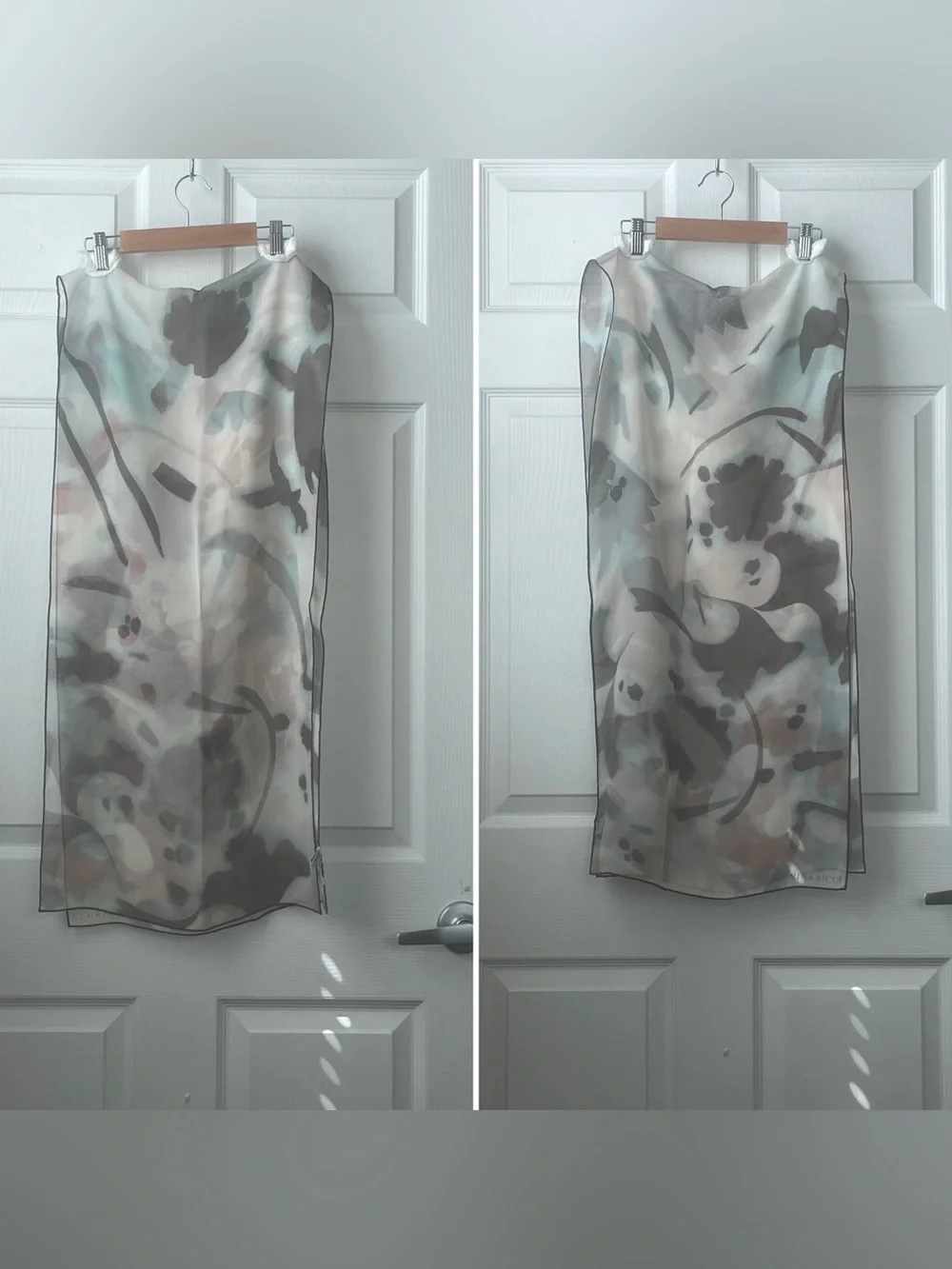 Nina Ricci Italy 100% Silk Abstract Floral Scarf Taupe Blush Blue 22x70